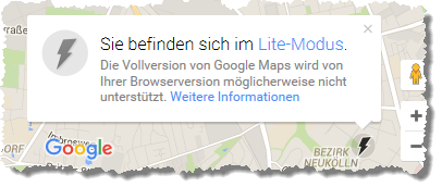Trotz Webbrowser-Control-Anpassungen schaltet Google-Maps dennoch in den sogenannten Lite-Modus