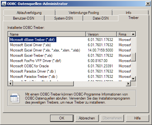 Der 32bit-ODBC-Datenquellen-Administrator listet die 32bit-Treiber auf.