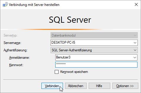 Neue Verbindung mit einem alternativen SQL Server-Benutzer