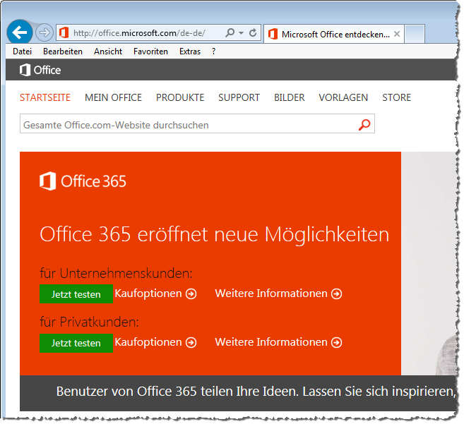 Start des Tests von Office 365