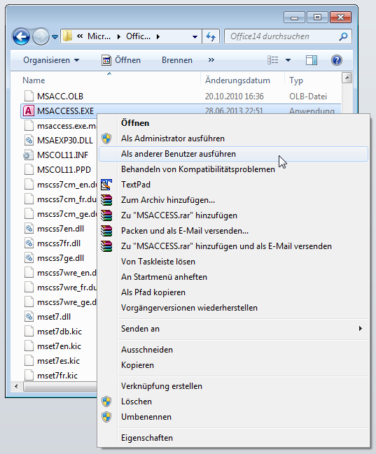 Starten von Access als anderer Benutzer über das Kontextmenü von MSAccess.exe im Windows Explorer