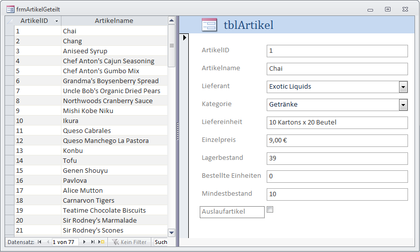 Aufteilung mit dem Datenblatt auf der linken Seite