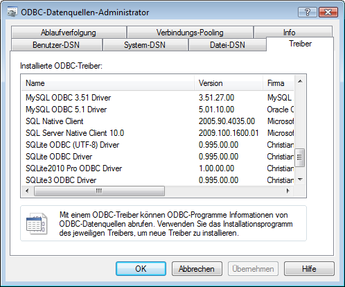 Der ODBC-Datenquellen-Administrator von Windows mit der Liste installierter Treiber