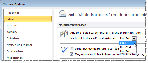 Einstellung des E-Mail-Formats in den Optionen von Outlook 2010