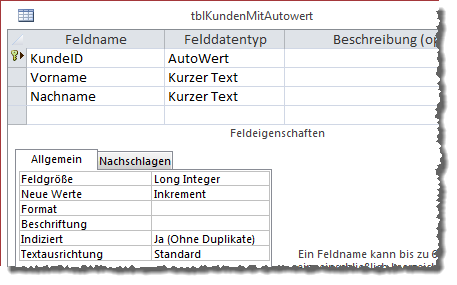 Die Tabelle tblKunden mit Autowert als Primärschlüssel
