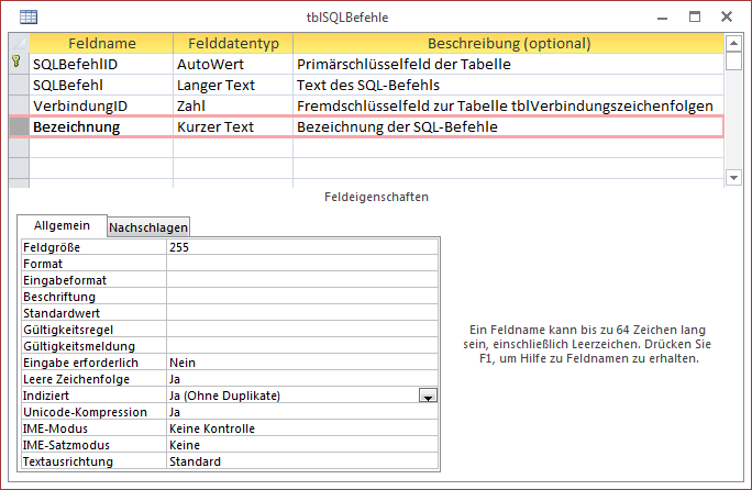 Entwurf der Tabelle zum Speichern der SQL-Befehle