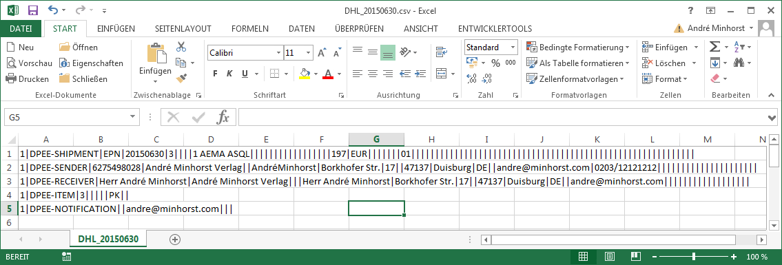 Frisch erstellte Versanddatei in Excel