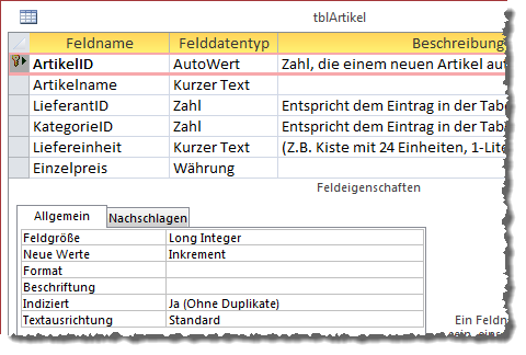 Entwurf einer Tabelle mit Autowert-Primärschlüsselfeld