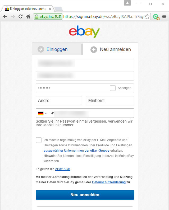 Neu registrieren bei ebay