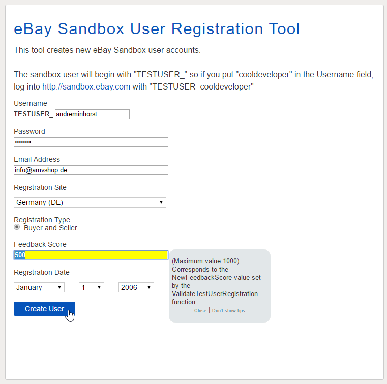 Registrierung eines Sandbox-Users