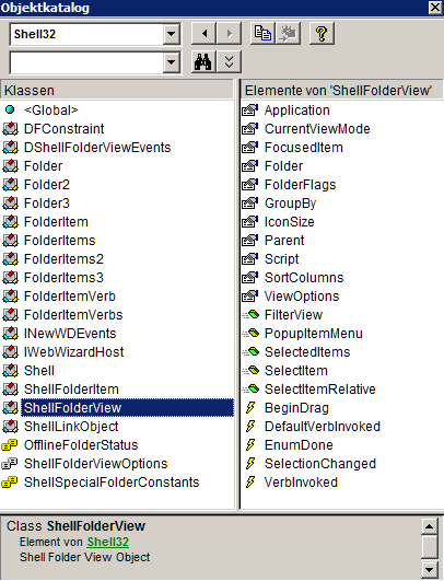 Die Klasse ShellFolderView der Shell32-Bibliothek zeigt ihre Methoden und Ereignisse im VBA-Objektkatalog