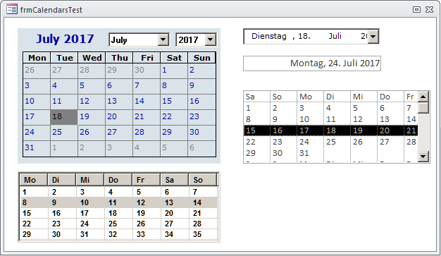 Demo einiger Datums- und Kalendersteuerelemente im Testformular