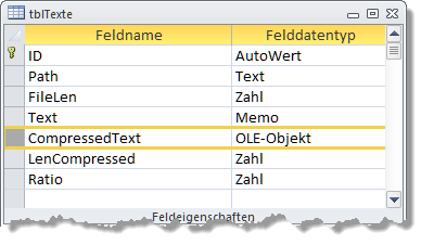 Aufbau der Tabelle tblTexte zum Abspeichern langer Texte