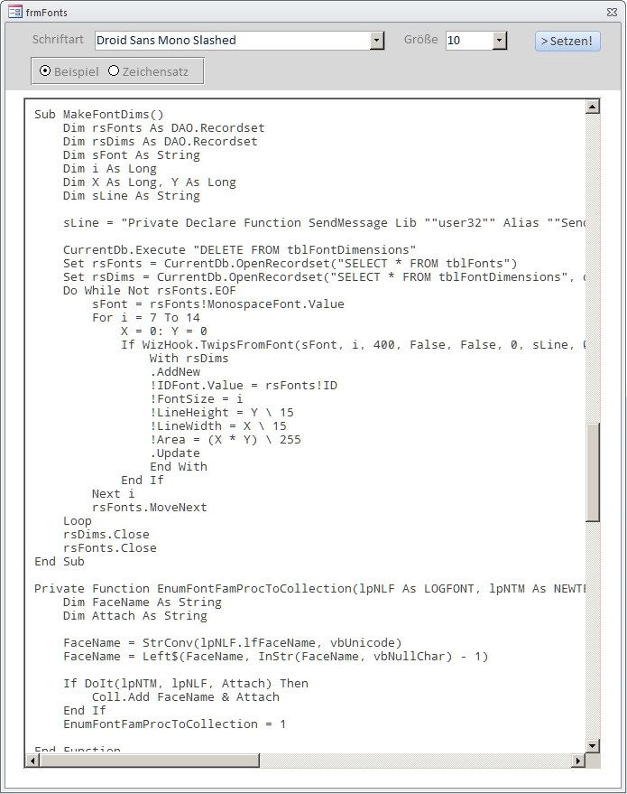 Das Formular frmFonts zeigt einen Pseudo-Editor mit einstellbarer Schriftart mit Beispielcode an