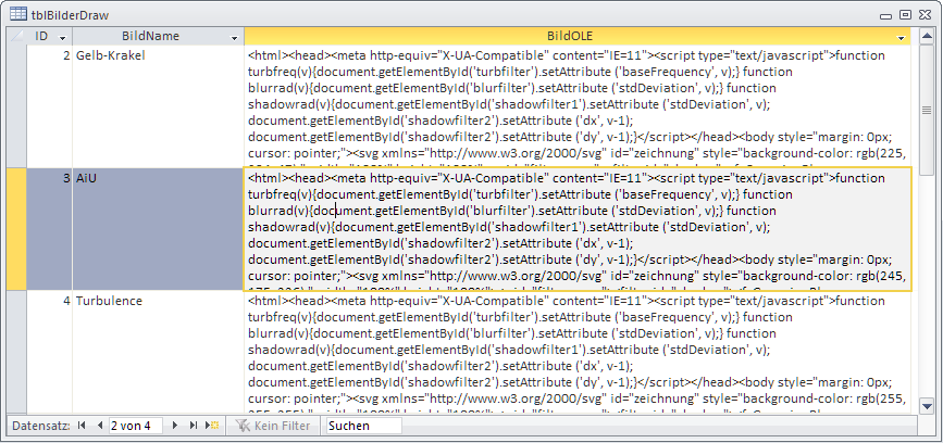 In der Datenblattansicht der Tabelle tblBilderDraw wird deutlich, dass es sich bei den SVG-Grafiken um HTML-Anweisungen handelt.
