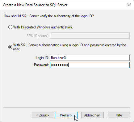 Einstellen der SQL Server-Authentifizierung und Angabe der Zugangsdaten