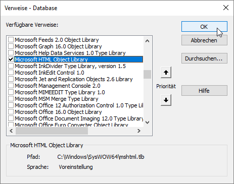 Verweis auf die Bibliothek Microsoft HTML Object Library