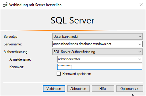 Anmeldung per SQL Server Management Studio