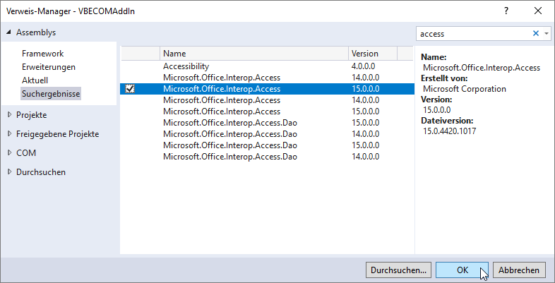 Einbinden des Namespaces Microsoft.Office.Interop.Access