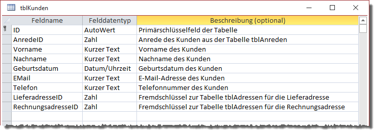 Entwurf der Tabelle tblAdresse mit Feldern zur Auswahl von Rechnungs- und Lieferadresse