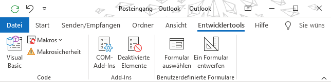 Entwicklertools-Tab im Hauptfenster von Outlook
