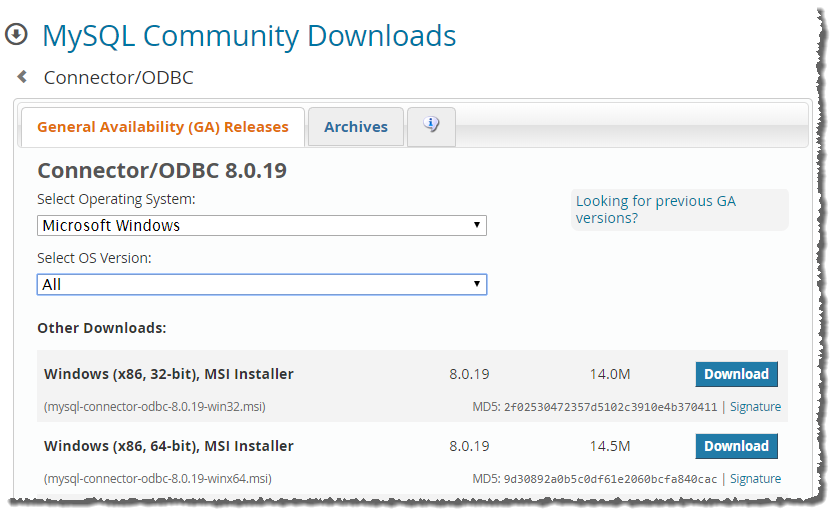 Download des ODBC-Treibers für MySQL