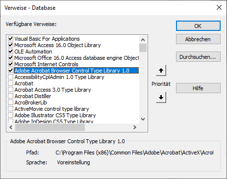 Verweis auf die Bibliothek Adobe Acrobat Browser Control Type Library 1.0