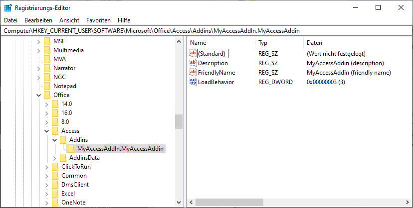 Einträge für das COM-Add-In in die Windows-Registrierung