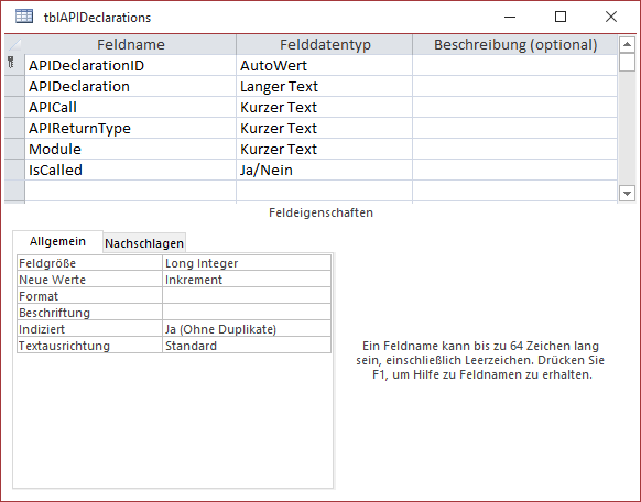 Tabelle zum Speichern der API-Deklarationen eines VBA-Projekts