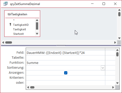 Eine zum Weiterrechnen geeignete Dezimalzahl liefert dieser Abfrageentwurf.