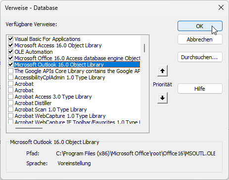 Verweis auf die Outlook-Objektbibliothek