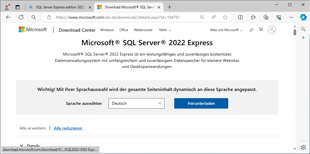 Installieren des SQL Server 2022 Express Edition