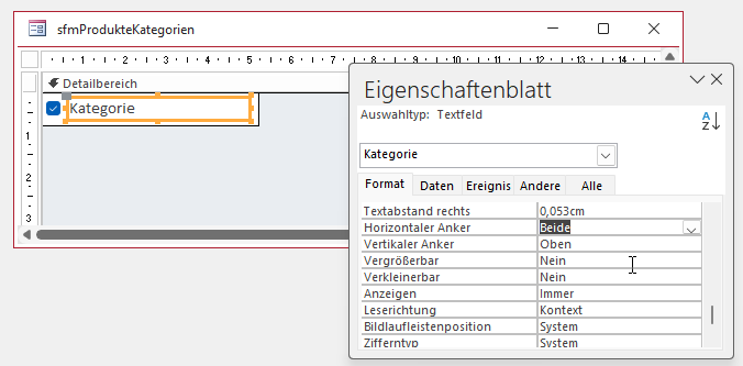 Unterformular mit den Kategorien und der Möglichkeit zum Selektieren