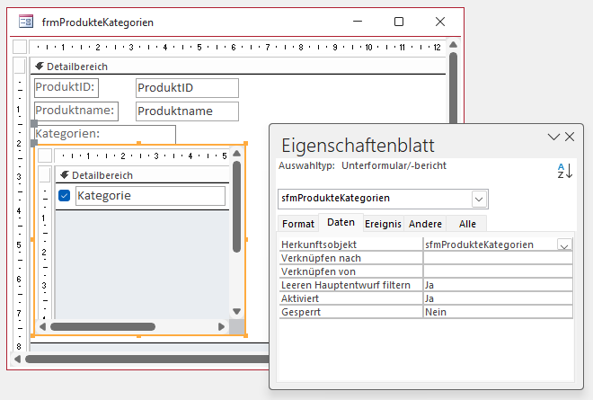 Einbau des Unterformulars