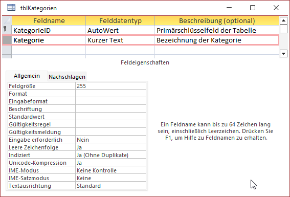 Tabelle zum Speichern der Kategorien