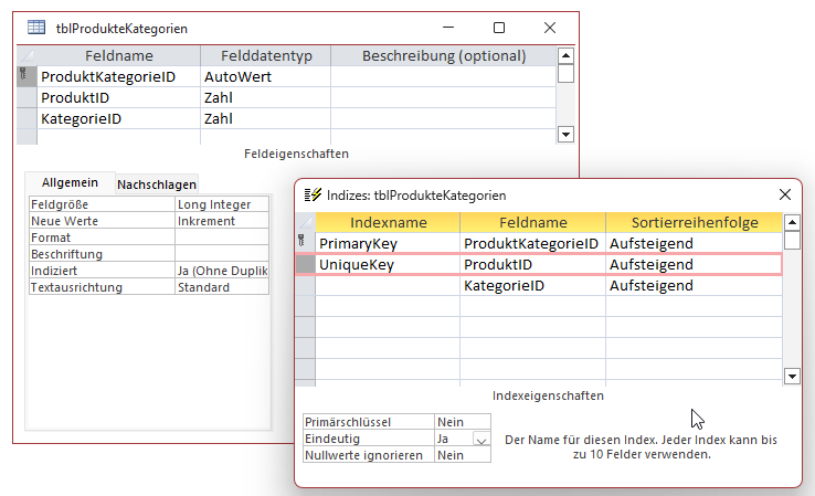 Verknüpfungstabelle zwischen den Tabellen tblProdukte und tblKategorien