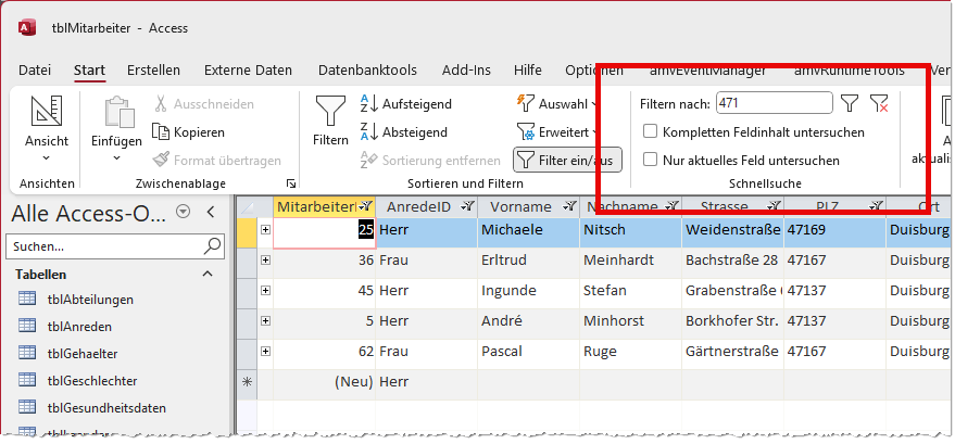 Ribbon-Funktion zur Schnellsuche in Datenblättern und Formularen