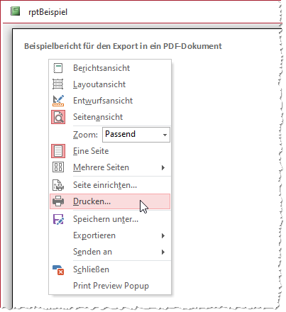 Kontextmenü des Berichts in der Seitenansicht