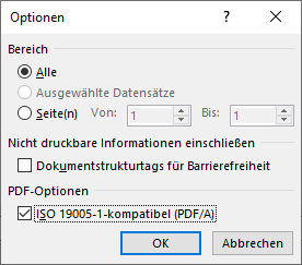 Optionen zum Speichern als PDF/A