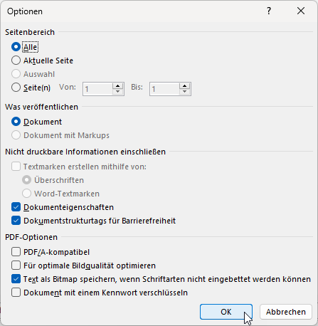 Optionen zum Exportieren von PDFs in anderen Office-Anwendungen, hier unter Microsoft Word