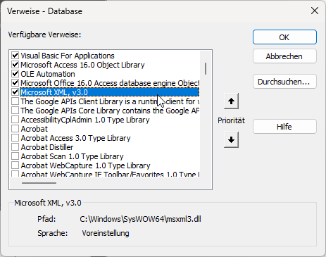 Hinzufügen des Verweises auf die XML-Bibliothek