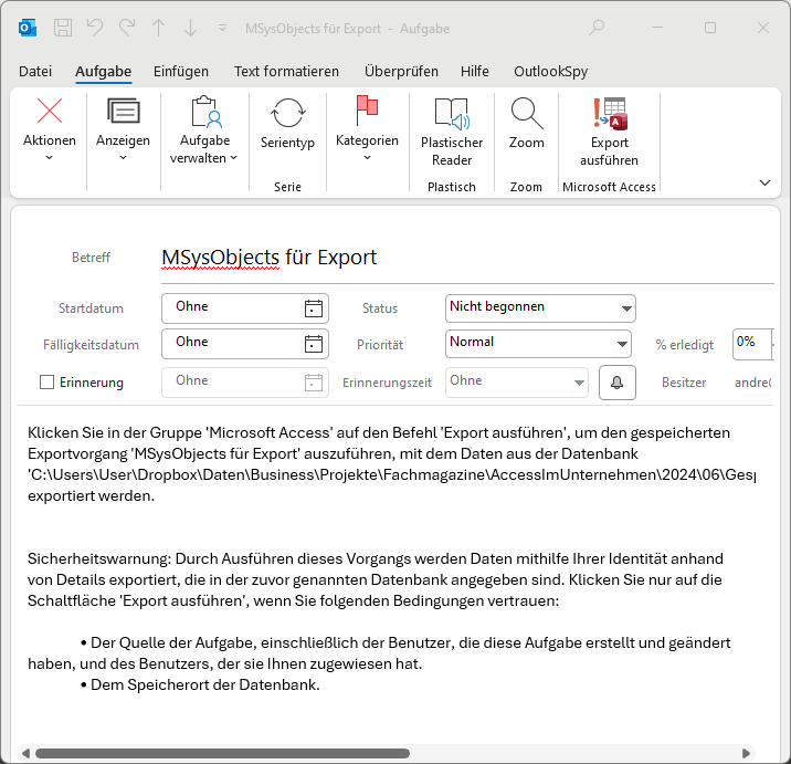 Outlook-Aufgabe mit einer Anleitung für den Import oder Export