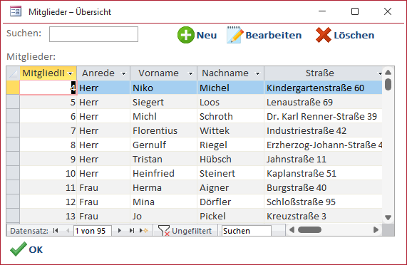 Beispiel für ein Übersichtsformular