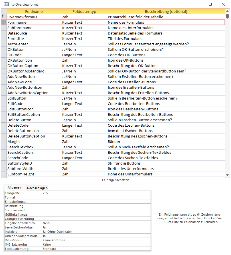 Tabelle für die Daten zum Erstellen von Haupt- und Unterformular