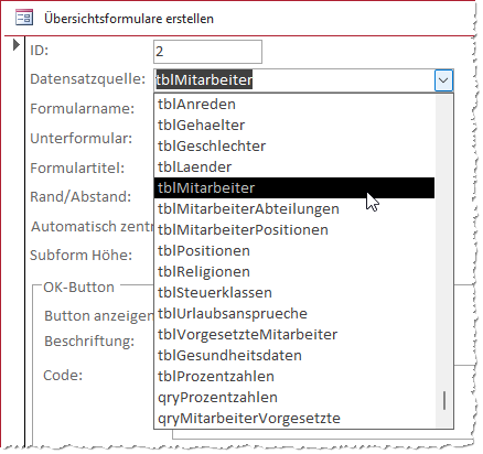 Auswahl der Tabelle oder Abfrage