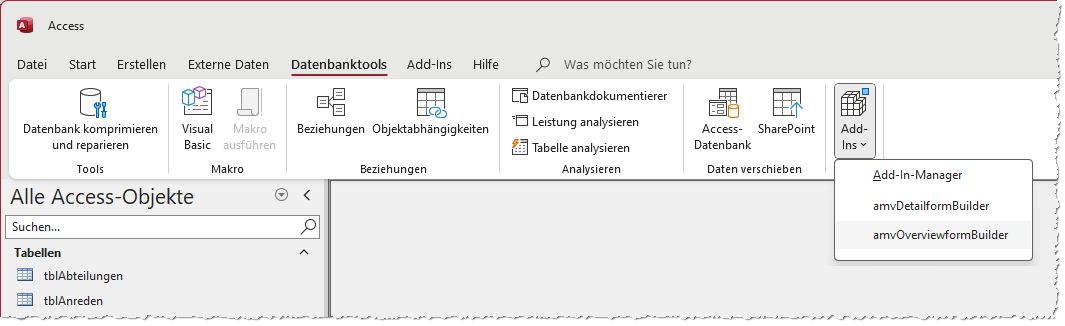 Aufruf des Access-Add-Ins zum Erstellen von Übersichtsformularen