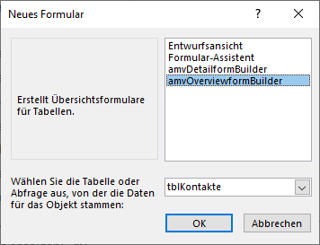 Aufruf des Add-Ins als Assistent zum Erstellen eines Formulars