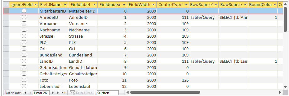 Einstellen der anzuzeigenden Felder in der Datenblattansicht