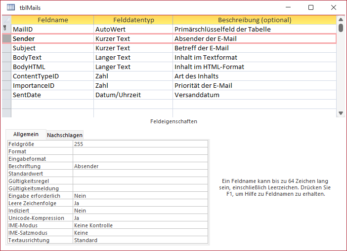 Basistabelle zum Speichern der E-Mails