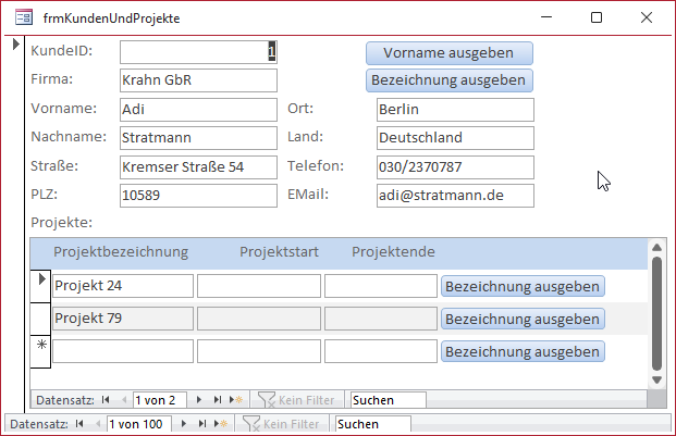 Formular zum Anzeigen von Kunden und Projekten